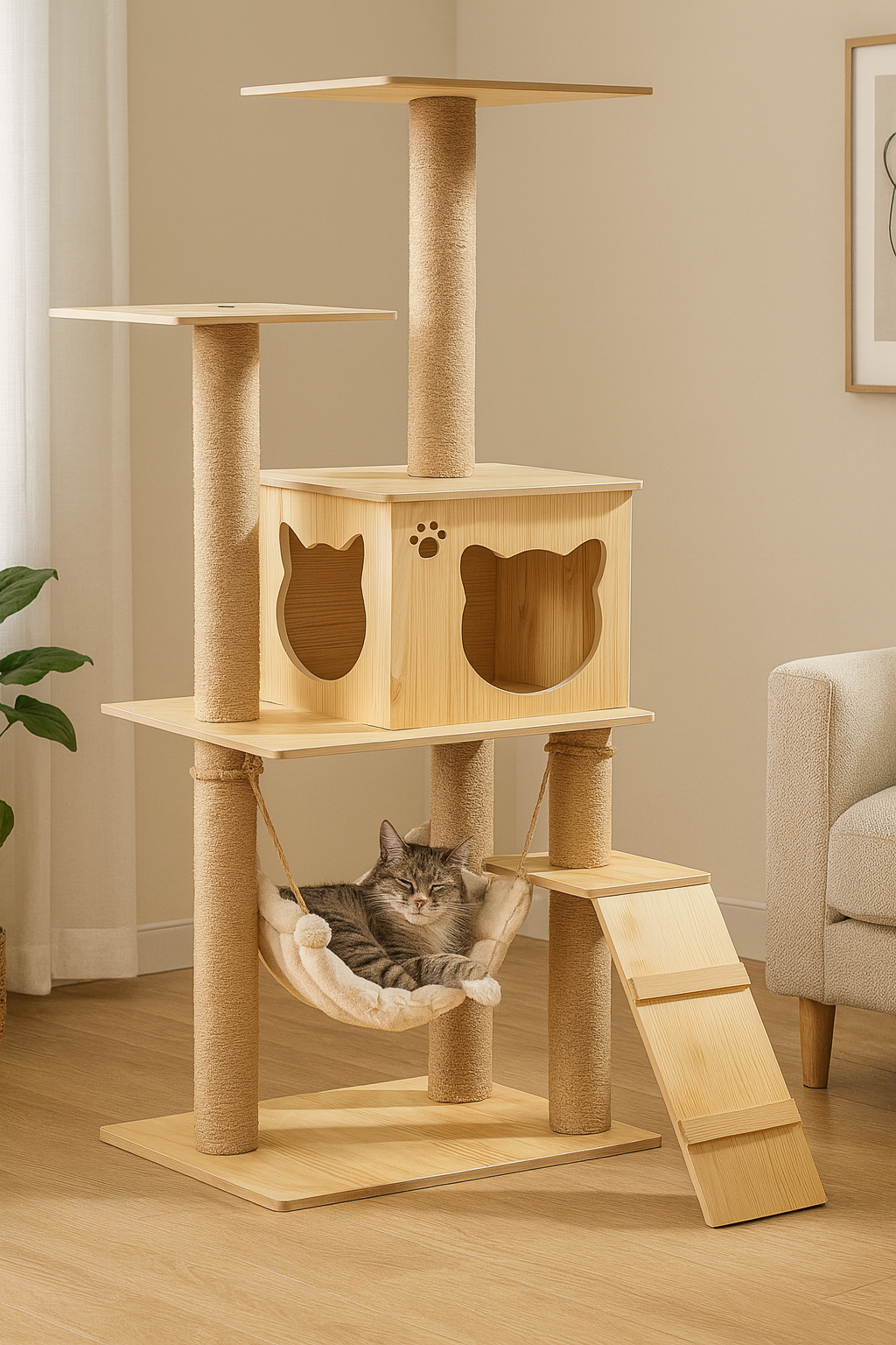 Arbre à Chat Design en Bois Naturel avec Hamac