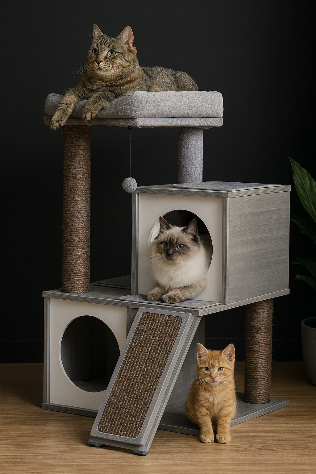 Arbre à chat en bois avec double niches