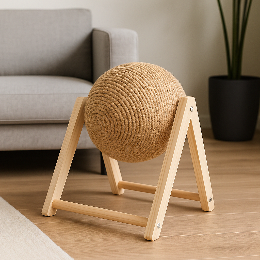 Boule à gratter pour chat support en bois