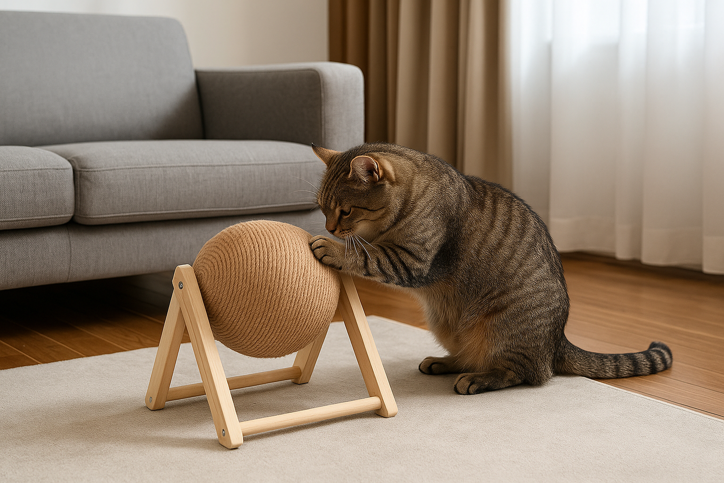 Boule à gratter pour chat support en bois