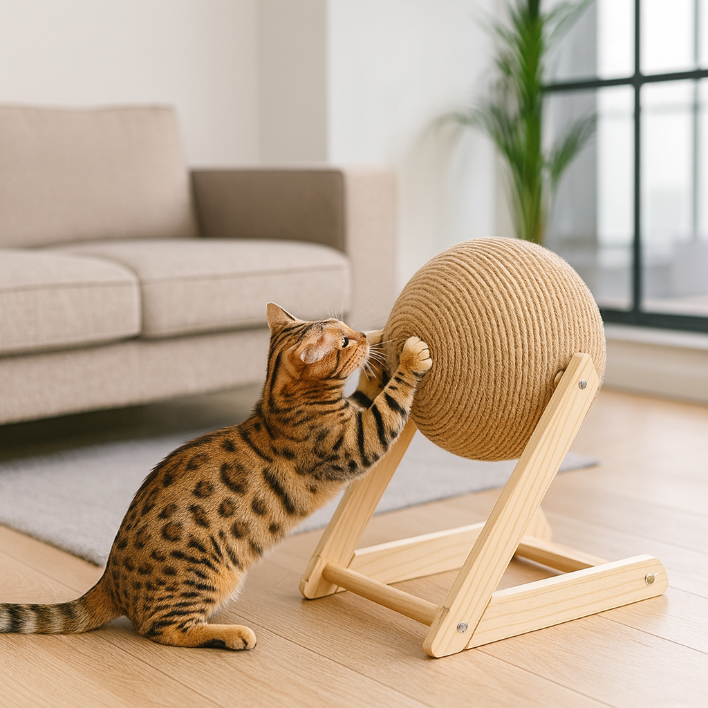 Boule à gratter pour chat support en bois