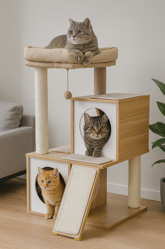 Arbre à chat en bois avec double niches