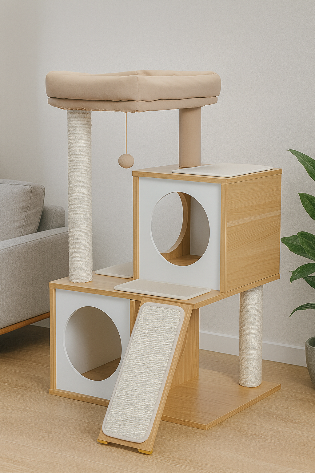 Arbre à chat en bois avec double niches