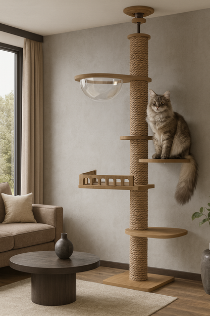 Arbre a chat XXL en bois naturel du sol au plafond