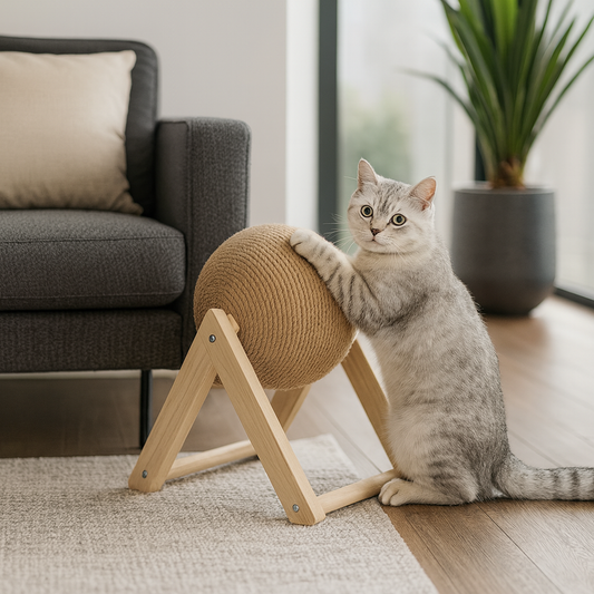 Boule à gratter pour chat support en bois