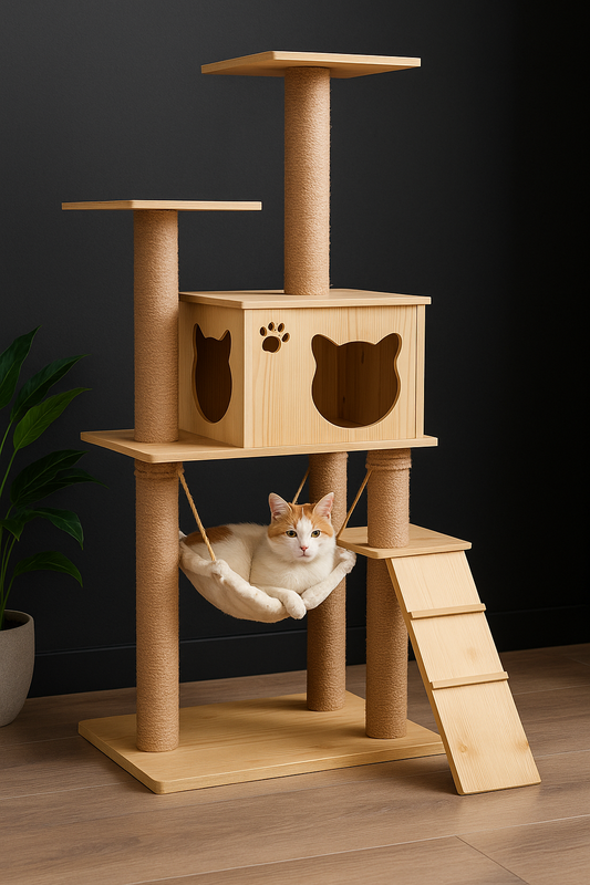 Arbre à Chat Design en Bois Naturel avec Hamac