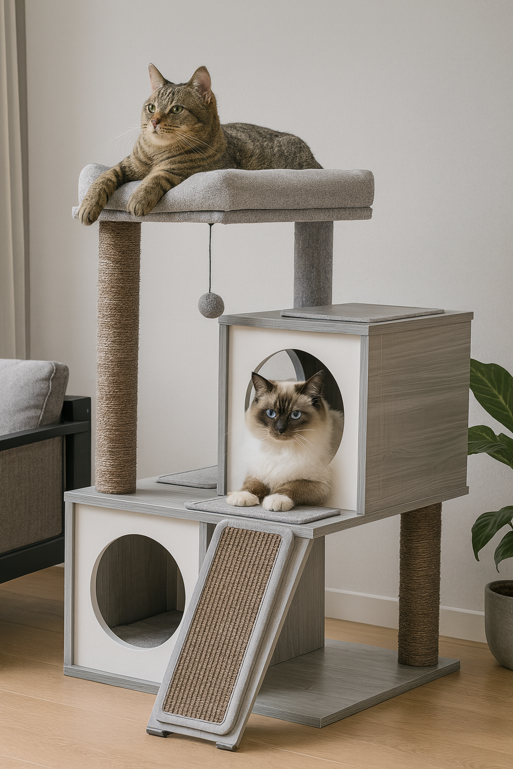 Arbre à chat en bois avec double niches